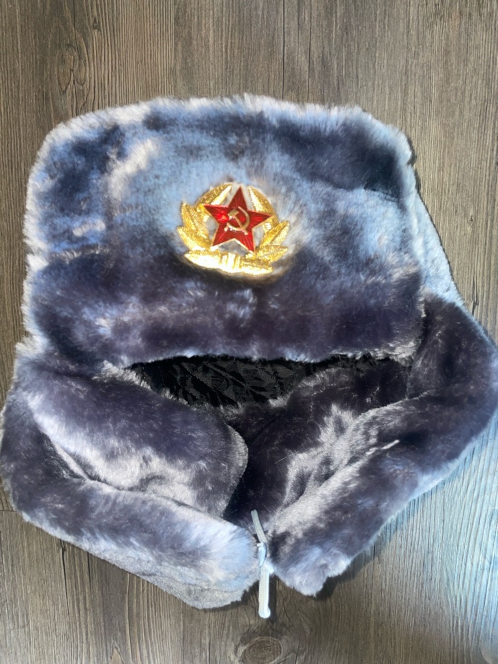 Gray Faux Fur Ushanka Hat with Red Star Emblem